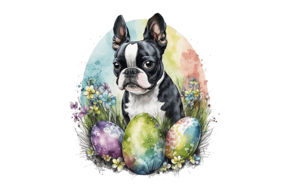 Boston Terrier Easter Eggs: Watercolor PNG Designs